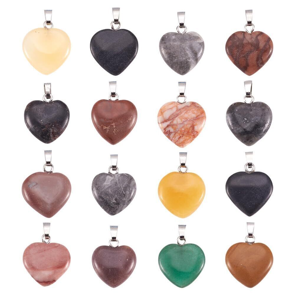 3023 20Pcs Heart Shaped Stone Pendants 15 Styles Healing Crystal Chakra
